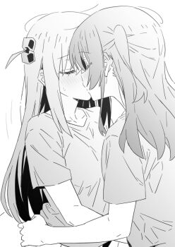 2girls bocchi_the_rock! closed_eyes commentary_request cube_hair_ornament gotoh_hitori greyscale hair_ornament highres kiss kita_ikuyo long_hair lwmina70119 monochrome multiple_girls one_side_up shirt short_sleeves small_sweatdrop straight_hair t-shirt upper_body yuri