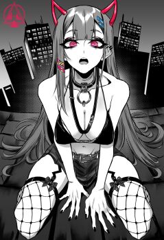 1girl akuma_nihmune alternate_costume belt bikini bikini_top_only black_skirt breasts cityscape cleavage collar collarbone dizzle ear_piercing fishnet_pantyhose fishnets greyscale highres horns indie_virtual_youtuber large_breasts long_hair looking_at_viewer miniskirt monochrome navel open_mouth pantyhose piercing red_horns sitting skirt solo spot_color swimsuit teeth upper_teeth_only virtual_youtuber wariza