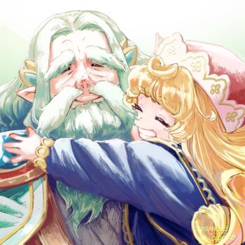 Rule 34 | 1boy, 1girl, beard, blonde hair, blue robe, blue tabard, charlotte (seiken densetsu 3), closed eyes, closed mouth, commentary request, curly hair, dated, facial hair, gold trim, grandfather and granddaughter, green hair, grin, hat, highres, hug, long hair, mustache, old, old man, parted bangs, parted lips, pointy ears, priest, priest of light (seiken densetsu), red hat, robe, seiken densetsu, seiken densetsu 3, smile, tabard, taruneko2006, teeth, thick eyebrows, upper body