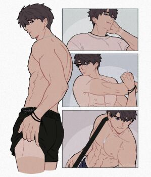 1boy bag black_male_underwear border bracelet brown_hair caleb_(love_and_deepspace) closed_mouth cowboy_shot dog_tags hair_between_eyes hand_on_own_neck highres jewelry light_smile love_and_deepspace male_focus male_underwear multiple_views muscular muscular_male nijinoji shirt short_hair shorts_lift shoulder_bag solo stretching tan tanline topless_male underwear upper_body white_border white_shirt