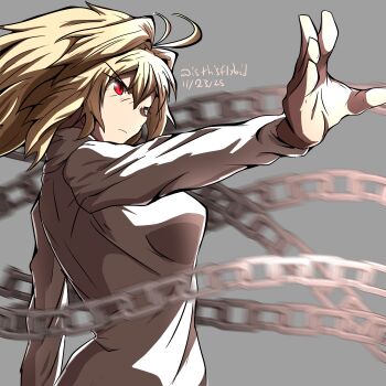 1girl absurdres ahoge angry arcueid_brunestud attack blonde_hair chain commentary english_commentary floating_hair grey_background hair_intakes highres isthisflybid looking_to_the_side melty_blood open_hand reaching reaching_towards_another red_eyes short_hair sweater tsukihime turtleneck turtleneck_sweater wavy_hair white_sweater