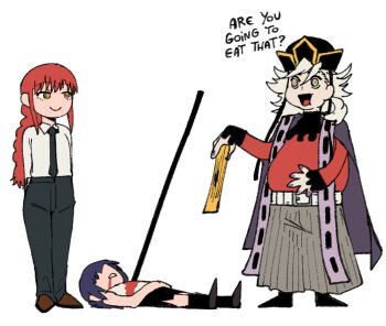 1boy 2girls black_hair black_necktie black_pants blonde_hair blood braid braided_ponytail chainsaw_man closed_mouth collared_shirt crossover douma_(kimetsu_no_yaiba) english_text fingernails hair_between_eyes hair_ornament hand_fan holding japanese_clothes kimetsu_no_yaiba long_hair long_sleeves makima_(chainsaw_man) medium_hair multicolored_eyes multiple_girls necktie open_mouth pants red_hair reze_(chainsaw_man) ringed_eyes sharp_fingernails shirt sidelocks simple_background smile wanderjegson yellow_eyes