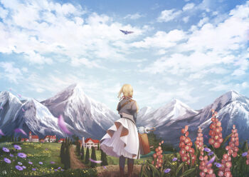 1girl animal bird blonde_hair blue_jacket blurry blurry_foreground braid braided_bun brown_footwear building cloud commentary_request double_bun dress facing_away flower from_behind hair_bun hair_ribbon highres holding holding_suitcase holding_umbrella jacket juliet_sleeves long_sleeves mountain mountainous_horizon outdoors path petals puffy_sleeves purple_flower red_flower red_ribbon ribbon road seki_rice signature solo standing suitcase umbrella violet_evergarden violet_evergarden_(series) white_dress wide_shot wind