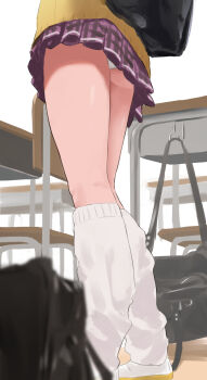 1girl ass_peek bag classroom commentary_request eru_aise from_below highres indoors kasukabe_tsumugi legs loose_socks lower_body miniskirt panties pantyshot pleated_skirt purple_skirt school_bag school_uniform shirt skirt socks solo standing sweater underwear upskirt voicevox white_panties white_shirt white_socks yellow_sweater