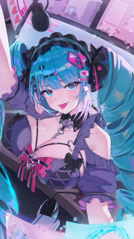 1girl absurdres bare_shoulders blue_eyes blue_hair blunt_bangs blush bow breasts chain chasing_kaleidorider cleavage collarbone commentary commentary_request computer_mouse detached_sleeves dress drill_hair dutch_angle english_commentary frilled_dress frilled_hairband frilled_headwear frilled_sleeves frills glitch hair_ornament hairband hairclip head_tilt heart heart-shaped_pupils heart_hair_ornament heart_o-ring highres hologram k.j. large_breasts long_hair looking_at_viewer microphone mixed-language_commentary moliere_(chasing_kaleidorider) monitor o-ring off-shoulder_dress off_shoulder outstretched_arm pink_bow pixel_art_inset pixels purple_dress reaching reaching_towards_viewer ringed_eyes short_sleeves solo symbol-shaped_pupils table through_medium through_screen tongue tongue_out twin_drills twintails very_long_hair x_hair_ornament