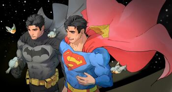 2boys animal animal_on_shoulder arm_up batman batman_(series) batman_symbol belt belt_pouch bird bird_on_shoulder black_bodysuit black_hair blue_bodysuit blue_cape blue_eyes bodysuit bruce_wayne cape chinese_commentary clark_kent commentary_request covered_abs covered_pectorals cowboy_shot craziedbf dc_comics floating_clothes highres looking_at_animal male_focus multiple_boys outstretched_arm parted_lips pectorals pouch red_cape short_hair side-by-side sideburns smile standing superman superman_(series) superman_logo teeth upper_teeth_only utility_belt yellow_belt