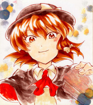 1girl alternate_neckwear ascot black_capelet black_hat blush book bow brown_hair capelet closed_mouth collared_shirt facing_viewer hair_between_eyes hair_bow hat hat_bow holding holding_book marker_(medium) red_ascot reitaisai sanwa_no_jako_(daikichi_club) shirt smile solo touhou traditional_media usami_renko white_bow white_shirt