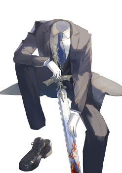 1boy a_knight_(reverse:1999) absurdres black_coat black_footwear black_pants blood bloody_weapon blue_necktie coat commentary_request disembodied_foot disembodied_hand gloves headless highres holding holding_sword holding_weapon hoshimori539jp necktie pants reverse:1999 shirt sitting sword weapon white_background white_gloves white_shirt