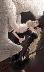 Rule 34 | 2girls, ambrosia (dungeon meshi), bare shoulders, black dress, blonde hair, blush, breasts, bridal gauntlets, chimera, deerwhisky, dress, dungeon meshi, ear covers, elf, falin touden, falin touden (chimera), fang, feathered wings, feathers, hands on another&#039;s waist, highres, holding, holding staff, large breasts, light brown hair, long hair, long sleeves, marcille donato, marcille donato (lord), monster girl, multiple girls, off-shoulder dress, off shoulder, open mouth, parted lips, pointy ears, short hair, staff, wings, yuri