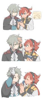 Rule 34 | 1boy, 1girl, absurdres, ascot, asticassia school uniform, blush, closed eyes, commentary request, earrings, elan ceres, green hair, green jacket, grey eyes, gundam, gundam suisei no majo, hair between eyes, highres, holding, holding phone, jacket, jewelry, low ponytail, mecha pilot suit, multi-tied hair, normal suit (gundam), phone, ponytail, red hair, school uniform, shoulder boards, standing, suletta mercury, tassel, tassel earrings, thick eyebrows, white ascot, xinhao