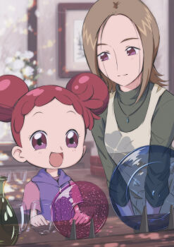 2girls absurdres apron brown_hair child commentary_request cup double_bun drinking_glass glass green_sweater hair_bun harukaze_doremi highres hood hoodie indoors jewelry light_smile medium_hair multiple_girls necklace ojamajo_doremi open_mouth parted_hair pendant purple_eyes purple_hoodie red_hair sakura_mirai_(ojamajo_doremi) smile sweater tyanoki