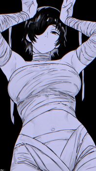 1girl bandaged_arm bandaged_chest bandaged_leg bandaged_neck bandaged_torso bandages black_background black_hair chainsaw_man eyepatch highres himeno_(chainsaw_man) hshhs20679 mummy mummy_costume naked_bandage simple_background solo