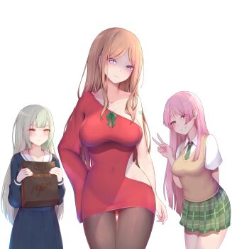 Rule 34 | 3girls, absurdres, anger vein, anon tokyo (bang dream!), bandaid, bang dream!, bang dream! it's mygo!!!!!, blue eyes, blue shirt, blue skirt, blush, breasts, brown hair, brown sweater vest, chihaya anon, chinese commentary, cleavage, closed mouth, commentary request, covered navel, diagonal-striped clothes, diagonal-striped necktie, dress, green hair, green skirt, grey eyes, haneoka school uniform, heart, highres, large breasts, long hair, medium breasts, multiple girls, mygo!!!!! logo (bang dream!), nagasaki soyo, necktie, nikuku (kazedesune), pink hair, plaid clothes, plaid skirt, pleated skirt, red dress, school uniform, shirt, short dress, simple background, single sleeve, skirt, smile, striped clothes, sweater vest, textless version, tsukinomori school uniform, v, wakaba mutsumi, white background, white shirt, yellow eyes