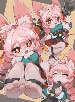 1girl :3 :d absurdres ahoge animal_ear_fluff animal_ears barefoot black_skirt blush bright_pupils buck_teeth chaora_(popuni10) chin_rub closed_mouth commentary_request disembodied_hand feet frilled_skirt frills furry furry_female green_shirt hair_between_eyes highres holding holding_sword holding_weapon long_hair long_sleeves looking_at_viewer multiple_views open_mouth pink_fur pink_hair rabbit_ears rabbit_girl rabbit_tail red_eyes shirt skirt smile sword tail teeth thick_eyebrows weapon white_pupils zenless_zone_zero zhao_(zenless_zone_zero)