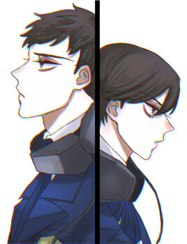 1boy 1girl aegyo_sal anaglyph blazer blue_jacket blue_necktie blue_ribbon blush breast_pocket brown_eyes brown_hair cable collared_shirt ear_blush emblem highres jacket karukozaka_high_school_uniform male_protagonist_(shin_megami_tensei:_if...) neck_ribbon necktie nose_blush pale_skin pocket ribbon school_uniform shin_megami_tensei shin_megami_tensei:_if... shirt short_hair split_screen stgm uchida_tamaki upper_body white_shirt