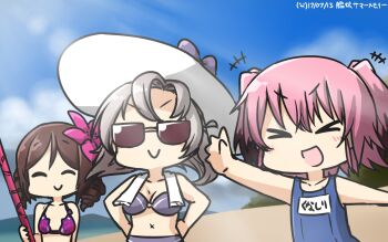 Rule 34 | >:), > <, +++, 3girls, bikini, brown hair, commentary, cosplay, dated, drill hair, closed eyes, fate/grand order, fate (series), flower, gae bolg (fate), grey hair, hair flower, hair ornament, hamu koutarou, harukaze (kancolle), hat, hibiscus, highres, kantai collection, kinugasa (kancolle), kunashiri (kancolle), multiple girls, name tag, noto mamiko, one-piece swimsuit, pink hair, scathach (fate), scathach (fate), scathach (swimsuit assassin) (fate), scathach (swimsuit assassin) (fate) (cosplay), school swimsuit, voice actor connection, smile, sun hat, sunglasses, swimsuit, towel, towel around neck, v-shaped eyebrows
