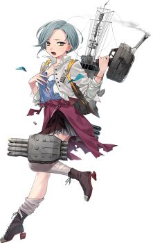 Rule 34 | 1girl, adapted turret, aqua bow, aqua bowtie, blazer, blue camisole, boots, bow, bowtie, burnt clothes, camisole, collared shirt, crossed legs, dress, forehead, fujikawa, full body, grey hair, grey jacket, grey thighhighs, halter dress, halterneck, jacket, kantai collection, lace-up boots, looking at viewer, mole, mole on neck, official art, open mouth, purple dress, rigging, shirt, short hair, smoke, solo, swept bangs, tamanami (kancolle), tamanami kai ni (kancolle), thighhighs, torn clothes, torn thighhighs, torpedo launcher, transparent background, white shirt, yellow eyes