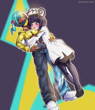 2girls aqua_hair arm_around_waist bandeau black_dress black_pants black_shoes blankfragments blonde_hair blue_gloves blue_nails blue_pants blush canari_(pokemon) coat crop_top dark-skinned_female dark_skin dress face_to_breasts full_body gloves gwynn_(pokemon) hand_on_own_hip hat heart heart-shaped_pupils highres hug jacket long_sleeves looking_at_another mask mega_stone mouth_mask multicolored_hair multicolored_nails multiple_girls nintendo open_clothes open_coat open_jacket open_mouth outline pants pantyhose pokemon pokemon_legends:_z-a purple_eyes purple_hair shoes short_hair split-color_hair symbol-shaped_pupils teeth two-tone_hair two-tone_nails two-tone_pants upper_teeth_only white_coat white_outline white_shoes yellow_jacket yellow_nails yuri