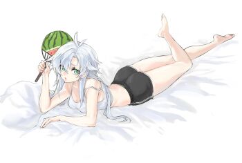 1girl absurdres ass barefoot black_shorts breasts cleavage commentary eiyuu_densetsu english_commentary eyelashes feet fie_claussell food_print fruit_print green_eyes highres holding holding_paddle jo_p kuro_no_kiseki_(series) long_hair looking_at_viewer lying medium_breasts on_stomach open_mouth paddle shorts solo watermelon_print white_hair