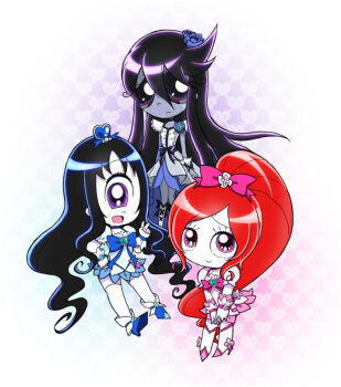 3girls 4kaku3kaku black_hair black_sclera blue_bow blue_dress blue_flower blush boots bow brooch choker colored_sclera colored_skin cosplay crossover cure_blossom cure_blossom_(cosplay) cure_marine cure_marine_(cosplay) cure_moonlight cure_moonlight_(cosplay) dress flower gloves grey_skin hair_bow hair_flower hair_ornament hand_on_own_hip heart heart_background heart_brooch heart_hair_ornament heartcatch_precure! high_heels iris_(ruby_gloom) long_hair looking_at_viewer magical_girl misery_(ruby_gloom) multiple_girls open_mouth pink_bow pink_dress pink_eyes pink_flower ponytail precure puffy_sleeves purple_dress purple_eyes purple_flower purple_hair red_hair ruby_gloom ruby_gloom_(character) short_sleeves smile standing thighhighs v white_background white_boots white_eyes white_gloves white_skin white_thighhighs