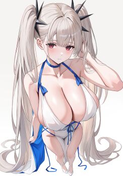 1girl absurdres azur_lane bare_shoulders bilei blue_choker blush breasts choker cleavage covered_navel formidable_(azur_lane) from_above full_body highres large_breasts long_hair looking_at_viewer no_panties red_eyes side_slit sideboob simple_background smile solo twintails very_long_hair white_background