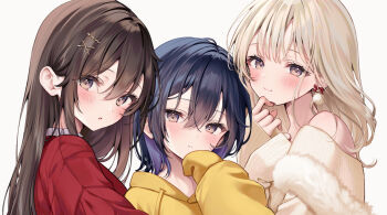 Rule 34 | 3girls, azato jk (yugaa), bare shoulders, black hair, blush, bow, bow earrings, brown eyes, brown hair, colored inner hair, commentary request, earrings, grey hair, hair ornament, hood, hoodie, jewelry, looking at viewer, multicolored hair, multiple girls, off-shoulder sweater, off shoulder, original, parted lips, purple hair, red bow, red shirt, ribbed sweater, shiraishi miyuki (yugaa), shiraishi reina (yugaa), shirt, siblings, simple background, sisters, smile, sweater, white background, white sweater, x hair ornament, yellow hoodie, yugaa