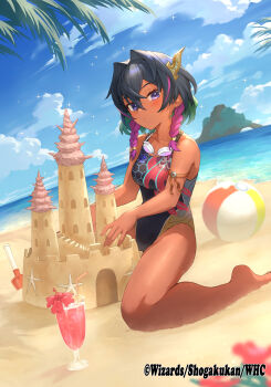Rule 34 | 1girl, aogiri shinobu, ball, beach, beachball, black hair, blue sky, braid, breasts, building sand sculpture, closed mouth, cloud, competition swimsuit, copyright notice, cup, dark-skinned female, dark skin, dragon musume ni naritakunai!, drinking glass, drinking straw, duel masters, goggles, goggles around neck, green hair, hair ornament, highres, light blush, looking at viewer, miyamoto satoru, multicolored hair, multicolored swimsuit, ocean, official art, one-piece swimsuit, outdoors, pink hair, purple eyes, sand castle, sand sculpture, seashell, seiza, shell, shovel, sitting, sky, smile, solo, sparkle, swimsuit