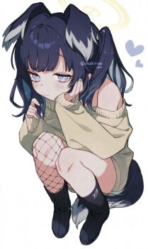 1girl adversarial_noise alternate_costume alternate_hairstyle animal_ears black_boots black_hair blue_archive blue_eyes blue_hair blunt_bangs boots bright_pupils casual closed_mouth colored_inner_hair commentary dog_ears dog_girl dog_tail eyelashes fishnet_thighhighs fishnets floppy_ears full_body grey_nails halo hand_on_own_cheek hand_on_own_face hands_up heart hibiki_(blue_archive) highres kisaka long_hair looking_at_viewer millennium_science_school_logo multicolored_hair nail_polish off-shoulder_sweater off_shoulder playing_with_own_hair sidelocks simple_background single_thighhigh sleeves_past_wrists smile solo squatting sweater symbol-only_commentary tail thighhighs twitter_username two_side_up white_background white_pupils yellow_halo yellow_sweater