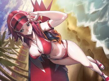 1girl alternate_costume bikini blue_eyes breasts code_geass code_geass:_genesic_re;code curvy dutch_angle hat highres jacket jewelry kouzuki_kallen large_breasts light_smile looking_at_viewer medium_hair navel necklace official_alternate_costume palm_tree red_bikini red_hair sandals shiny_skin sky spiked_hair surfboard swimsuit thong thong_bikini tree wide_hips
