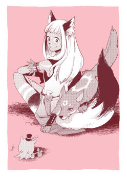 1girl animal_ear_fluff animal_ears animal_nose bare_shoulders border commentary_request dark-skinned_female dark_skin fox full_body greyscale_with_colored_background grin kachidama long_hair ochette_(octopath_traveler) octopath_traveler octopus pink_background shirt shorts simple_background sitting sleeveless sleeveless_shirt smile solo tail white_border