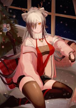Rule 34 | 1girl, absurdres, animal ears, antlers, aoi tooru, arknights, bandeau, bare shoulders, bell, black bandeau, black gloves, black shorts, black thighhighs, bow, breasts, cat ears, ceylon (arknights), character doll, christmas, closed mouth, doll, dress, fake antlers, fingerless gloves, gloves, grey hair, hair between eyes, hair bow, hair bun, highres, horns, indoors, jacket, long hair, long sleeves, looking at viewer, off shoulder, official alternate costume, open clothes, open jacket, pink jacket, ponytail, red dress, schwarz (arknights), schwarz (presents) (arknights), short shorts, shorts, sitting, snowing, solo, thighhighs, yellow eyes