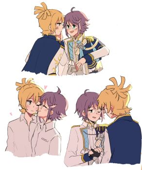 Rule 34 | 2girls, :d, ahoge, arms at sides, belt buckle, black gloves, blonde hair, blue cape, blush, bow, brochan, buckle, cape, closed eyes, closed mouth, collared shirt, commentary, cropped torso, daiba nana, ear blush, epaulettes, eye contact, flower, glasses, gloves, half-closed eyes, hand on another's chin, hand up, heads together, heart, high ponytail, highres, holding hands, hoshimi junna, jacket, long sleeves, looking at another, multiple girls, multiple views, official alternate costume, official alternate hair length, official alternate hairstyle, one eye closed, open clothes, open jacket, open mouth, parted lips, ponytail, profile, purple hair, rose, shirt, short hair, shoujo kageki revue starlight, side cape, single epaulette, smile, striped bow, symbol-only commentary, upper body, white bow, white flower, white jacket, white rose, white shirt, yuri