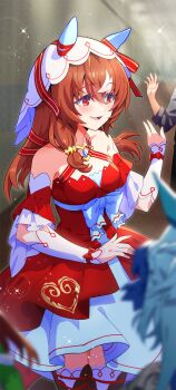 1boy 2girls admire_groove_(umamusume) animal_ears blurry blurry_foreground blush breasts brown_hair cleavage collarbone commentary_request detached_sleeves hair_between_eyes hair_ornament highres horse_ears horse_tail kafuki_fuka multiple_girls open_mouth ribbon small_breasts solo_focus sparkle still_in_love_(scarlet_vow_raiment)_(umamusume) still_in_love_(umamusume) tail umamusume veil