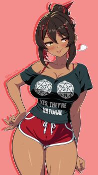 1girl absurdres black_shirt blush bra breasts brown_hair cleavage closed_mouth clothes_writing dark-skinned_female dark_skin dice dungeons_&amp;_dragons heterochromia highres large_breasts looking_to_the_side medium_hair multicolored_hair orange_eyes original pink_background polyhedral_dice ponytail puff_of_air pun red_bra red_shorts scrapy shirt shorts simple_background smile solo streaked_hair tongue tongue_out tsumugi_kelissa_(scrapy) underwear yellow_eyes
