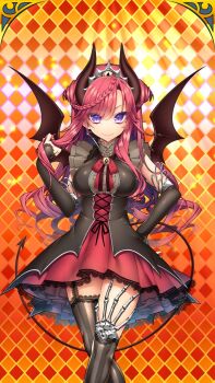 Rule 34 | 1girl, argyle background, bare shoulders, bat wings, black dress, black gloves, black sleeves, blue eyes, blush, bow, braid, breasts, brooch, chain-link fence, checkered background, checkered floor, closed mouth, cowboy shot, cross-laced clothes, demon girl, demon horns, demon tail, demon wings, detached sleeves, dress, earrings, elbow gloves, fence, fishnets, frilled dress, frills, garter straps, giuniu, gloves, hair between eyes, hair ornament, halloween, hand on own hip, hand up, head tilt, heart, hexagon, high collar, honeycomb (pattern), honeycomb background, horns, jewelry, lace, large breasts, layered dress, long hair, long sleeves, looking at viewer, lucian luce, medium breasts, nail polish, neck ribbon, orange background, outline, patterned background, pink hair, plaid background, pointy ears, puffy sleeves, purple eyes, red dress, red hair, red ribbon, ribbon, short dress, sidelocks, skirt, sleeveless, sleeveless dress, smile, solo, stained glass, standing, striped clothes, striped dress, tail, thighhighs, tile floor, tile wall, tiles, turtleneck, two side up, uchi no hime-sama ga ichiban kawaii, underbust, vertical-striped clothes, vertical-striped dress, very long hair, virtual youtuber, wavy hair, wings, zettai ryouiki