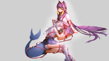 2girls absurdres animal_ears blue_eyes breasts cat_ears fins fish_tail gawr_gura head_on_knees highres hololive kneehighs kneeling long_hair looking_at_viewer mishiya_(misiya_dream) multiple_girls ninomae_ina'nis panties purple_eyes purple_hair ribbon shark_tail simple_background sitting skirt socks tail tentacle_hair underwear virtual_youtuber white_hair white_panties yuri