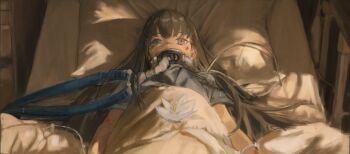 1girl arms_at_sides bed brown_eyes brown_hair commentary covered_mouth flower flower_on_chest flower_request from_above furrowed_brow gumiaoandpeace hair_flowing_over hair_spread_out highres hospital_bed hospital_gown indoors injury intravenous_drip long_hair looking_up lying on_back original short_sleeves sidelighting solo tearing_up under_covers upper_body ventilator white_flower wristband