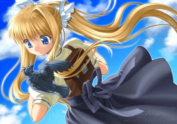 Rule 34 | 1girl, absurdres, air (visual novel), animal, animal on shoulder, back bow, backpack, bag, bird, black dress, blonde hair, blue eyes, blush, bow, brown bag, cloud, crow, day, dress, fillyskywishes, floating hair, hair ribbon, highres, kamio misuzu, long hair, looking at animal, ponytail, puffy short sleeves, puffy sleeves, ribbon, school uniform, shirt, short sleeves, sidelocks, signature, single hair intake, sky, smile, solo, sora (air), very long hair, watermark, white ribbon, white shirt