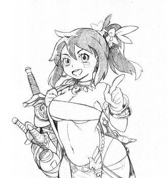 1girl bandeau black_hair breasts cleavage curvy etrian_odyssey highleg highleg_one-piece_swimsuit highres index_finger_raised large_breasts legs looking_at_viewer midriff monochrome navel omegasunburst one-piece_swimsuit open_mouth ponytail sarong shilleka sketch smile solo swimsuit sword thick_thighs thighs tribal underboob weapon