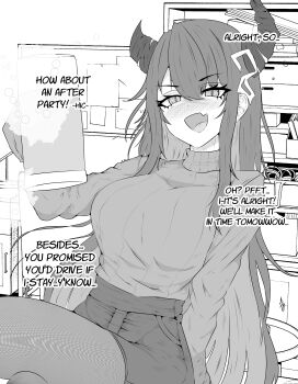 Rule 34 | 1girl, :d, absurdres, alcohol, beer, beer mug, blush, breasts, commentary, cup, drunk, english commentary, english text, fang, greyscale, hair between eyes, highres, holding, holding cup, hololive, hololive english, horns, indoors, large breasts, long hair, looking at viewer, mayoa, monochrome, mug, nerissa ravencroft, open mouth, pantyhose, shorts, sitting, skin fang, smile, solo, sweater, turtleneck, turtleneck sweater, virtual youtuber