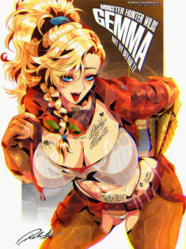 1girl abs absurdres artist_name belt blonde_hair blonde_pubic_hair blue_eyes braid breasts brown_belt cameltoe chaps character_name chest_tattoo covered_erect_nipples cropped_jacket defaultz fingerless_gloves freckles gemma_(monster_hunter_wilds) gloves goggles goggles_around_neck heart heart_tattoo highres jacket monster_hunter_(series) monster_hunter_wilds navel open_mouth panties patreon_username piercing pubic_tattoo red_jacket signature spider_tattoo tattoo tongue_piercing underwear white_panties zipper_pull_tab