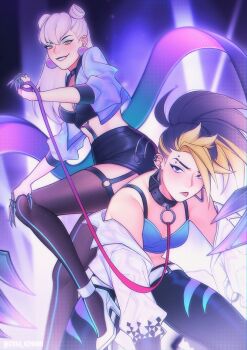 2girls absurdres akali belt black_collar black_hair black_pants black_shorts blonde_hair blue_eyes breasts claw_ring collar crop_top evelynn_(league_of_legends) eyebrow_piercing face_piercing goku_inu_go_kuken grin highres holding holding_leash jacket k/da_(league_of_legends) k/da_akali k/da_all_out_akali k/da_all_out_evelynn league_of_legends leash long_hair looking_at_viewer medium_breasts midriff multicolored_hair multiple_girls off_shoulder pants piercing pink_hair purple_lips short_shorts shorts small_breasts smile stage_lights streaked_hair thighhighs white_belt white_jacket yellow_eyes