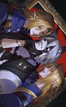 3boys ahoge animal_ear_fluff animal_ears black_background black_choker black_gloves black_hair black_nails black_sclera blonde_hair body_fur bracelet choker clenched_teeth collared_shirt collared_vest colored_sclera commentary crovius dark_persona dual_persona ear_piercing earrings english_commentary eyepatch fangs fingernails furry furry_male gloves grey_eyes grey_vest hair_between_eyes hair_over_shoulder hand_on_another&#039;s_chin hand_up heterochromia highres hugo_vlad jewelry long_hair looking_at_another low_ponytail male_focus mole mole_under_eye multicolored_hair multiple_boys muzzle_(mask) nail_polish necktie one_eye_covered parted_bangs parted_lips picture_frame piercing pointy_ears ponytail purple_necktie purple_shirt red_eyes shirt short_hair sidelocks sideways smile streaked_hair teeth upper_body vest von_lycaon white_fur white_hair white_shirt wing_collar wolf_boy wolf_ears yaoi zenless_zone_zero