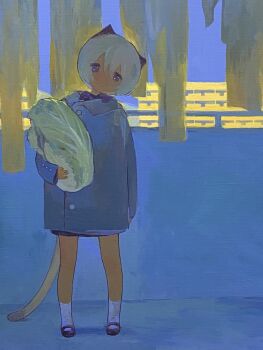 1girl animal_ears cabbage cat_ears cat_girl cat_tail coat food full_body head_tilt highres holding holding_food holding_vegetable kani_no_onsen long_sleeves looking_at_viewer original shoes short_hair socks solo standing tail vegetable