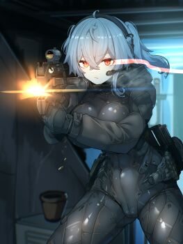 Rule 34 | absurdres, aiming, aiming at viewer, bodysuit, breasts, bullpup, covered navel, grey hair, gun, hair between eyes, headset, highres, holding, holding gun, holding weapon, impossible bodysuit, impossible clothes, impossible leotard, large breasts, leotard, m004 (natsukaze shigure), medium hair, natsukaze shigure, original, p90, skin tight, submachine gun, thighs, weapon