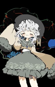 Rule 34 | 1girl, black hat, blue flower, blue rose, bow, buttons, closed eyes, diamond button, eyeball, floral print, flower, frilled shirt collar, frilled skirt, frilled sleeves, frills, green skirt, grey hair, hat, hat bow, inkopico, komeiji koishi, plant, rose, rose print, shirt, skirt, sleeves past wrists, smile, third eye, touhou, vines, waving, wide sleeves, yellow bow, yellow shirt