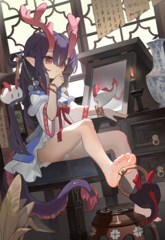 1girl absurdres ai_si_te_yisheng_tui calligraphy candle chinese_clothes creature dragon_girl dragon_horns dragon_tail dress ghost hanfu highres horns indoors large_variant_set loli mirror original panties pantyshot pink_eyes purple_hair qinghua_(porcelain) qixiong_ruqun sitting stool tail underwear variant_set vase white_dress white_panties