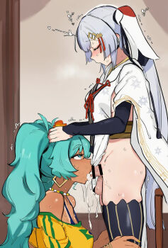 artist_request brazilian_miku breasts cum fellatio futa_with_female futanari green_eyes grey_hair hatsune_miku huge_breasts long_hair oral penis tan tanline twintails vocaloid white_hair