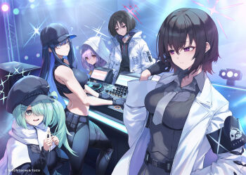 Rule 34 | 5girls, arius squad (blue archive), armband, atsuko (blue archive), bare shoulders, black armband, black hair, blue archive, blue hair, breasts, closed mouth, coat, commentary request, dj, fukai ryosuke, green hair, hair between eyes, hair over one eye, halo, hand up, highres, hiyori (blue archive), hood, hood down, hood up, lab coat, long sleeves, misaki (blue archive), miyo (blue archive), multiple girls, necktie, nervous smile, official art, open clothes, open coat, open mouth, purple eyes, purple hair, saori (blue archive), short hair, side ponytail, smile, subaru (blue archive), white coat
