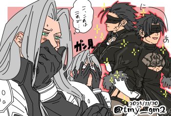 Rule 34 | 2b (nier:automata), 2b (nier:automata) (cosplay), 4boys, 9s (nier:automata), 9s (nier:automata) (cosplay), age progression, armor, bangle, black coat, black dress, black gloves, black hair, black jacket, black visor, blindfold, blush, border, bracelet, cleavage cutout, closed mouth, clothing cutout, coat, commentary request, cosplay, covering own mouth, crisis core: final fantasy vii, cross scar, crossdressing, crossdressing (mtf), dated, dress, earrings, facial scar, feather trim, final fantasy, final fantasy vii, final fantasy vii: ever crisis, furrowed brow, gloves, green eyes, grey hair, hair slicked back, hand on own hip, hand over own mouth, highres, jacket, jewelry, juliet sleeves, long hair, long sleeves, multiple boys, open mouth, parted bangs, pauldrons, pectorals, pink background, puffy sleeves, scar, scar on cheek, scar on face, sephiroth, sephiroth (ever crisis), short hair, shoulder armor, sideburns, single earring, slit pupils, smile, sparkle, sweatdrop, tmy gm2, turtleneck, turtleneck dress, twitter username, upper body, white border, zack fair